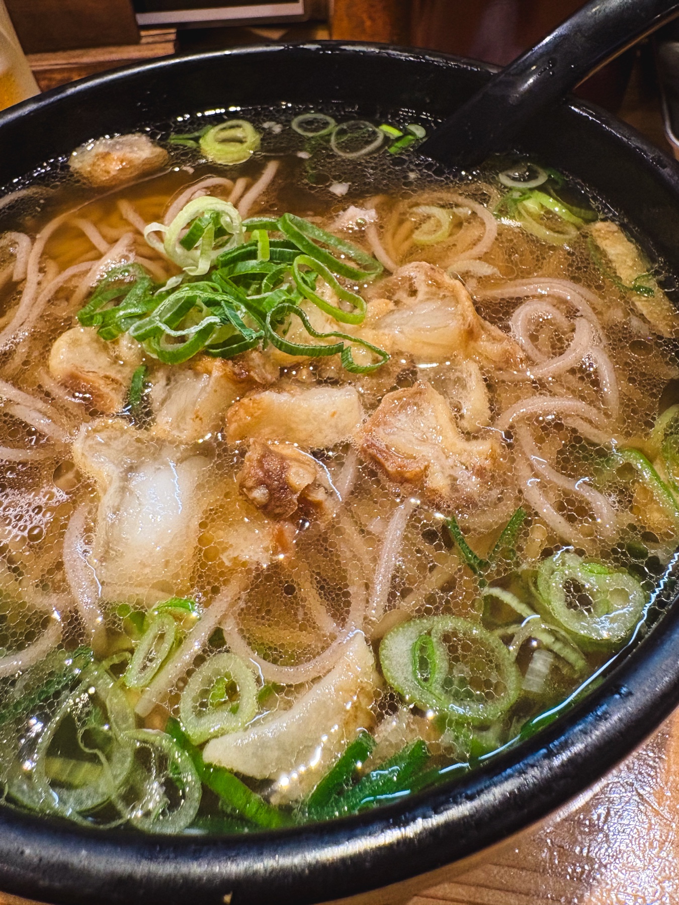 油かすとねぎがのった温かいそば