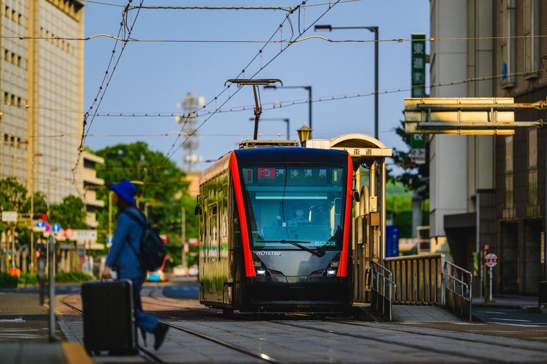 朝陽に照らされた松山市内を走る路面電車