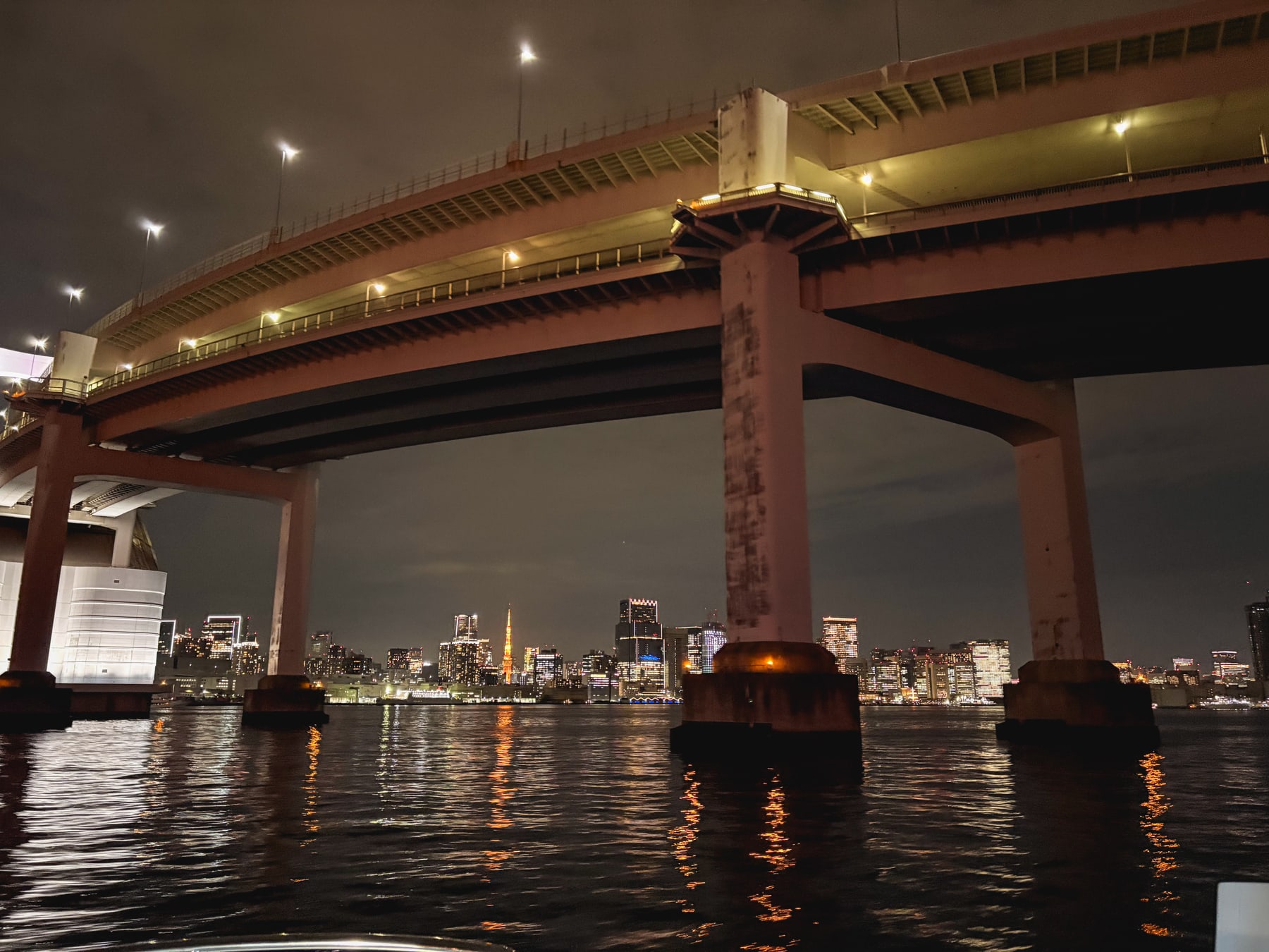 屋形船から見た東京湾越しの東京タワーと都心の夜景
