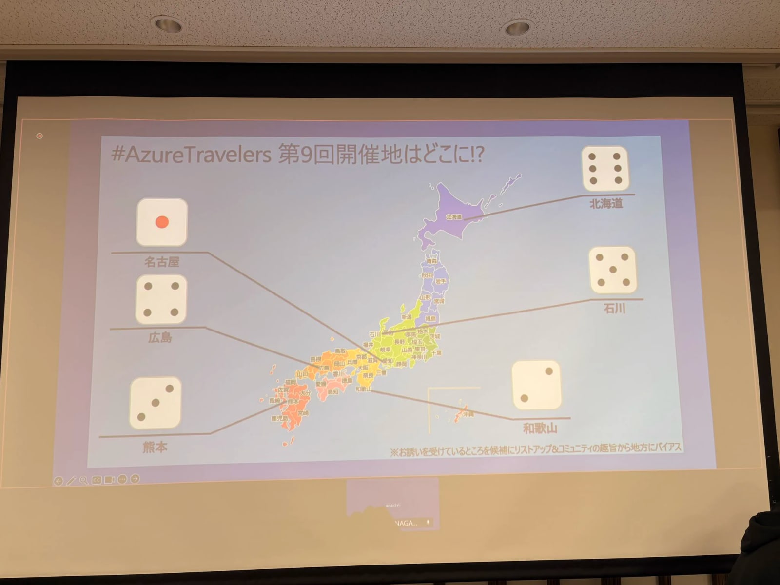 Azure Travelersの開催地を示す日本地図とサイコロの目を投影した会場スクリーン