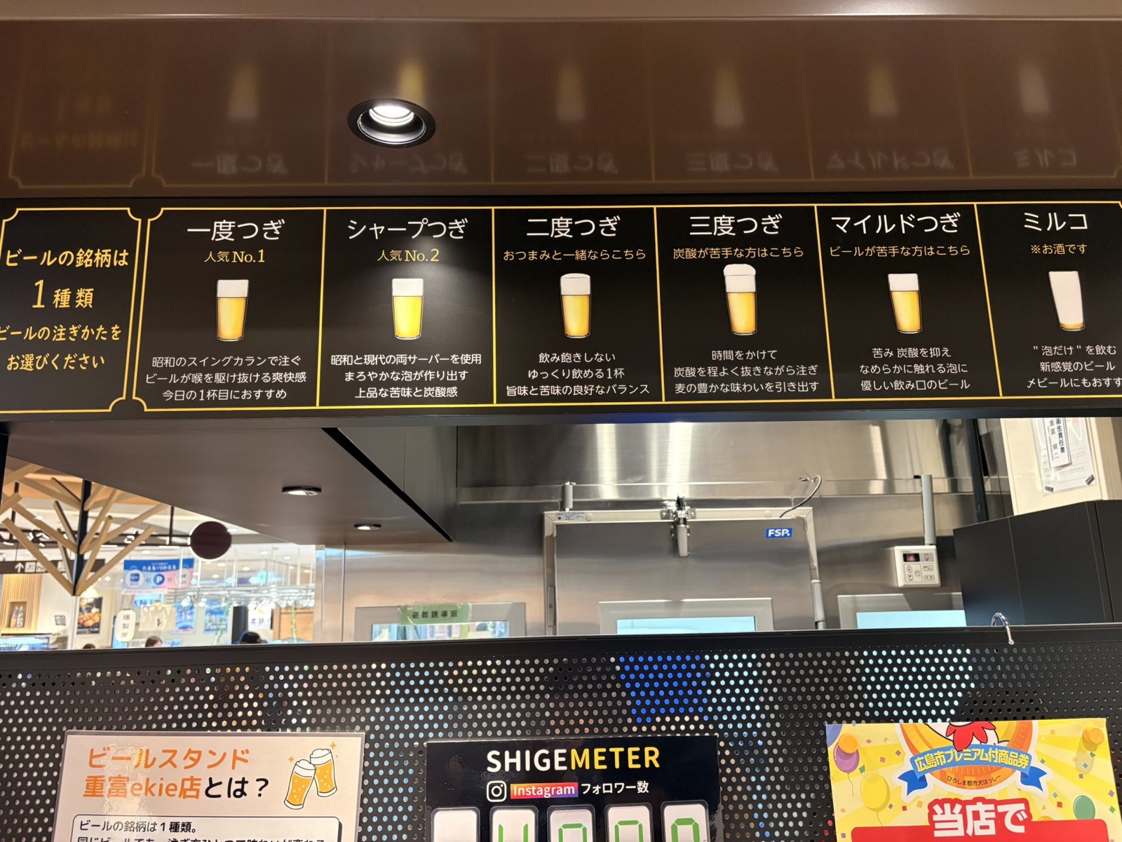 ビールスタンド重富 ekie に掲げられた、一度つぎからミルコまでの注ぎ方メニュー