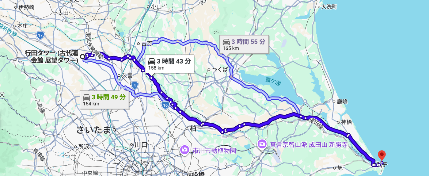 Map showing the route from Gyoda Tower to Choshi, about 160 km