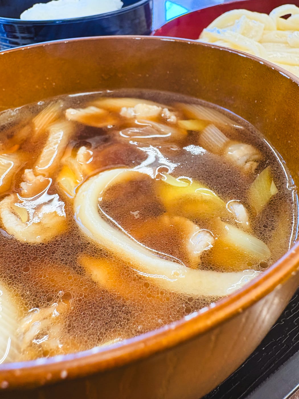 A hot bowl of meat udon at Takemaru Shokudo, topped with pork and green onions