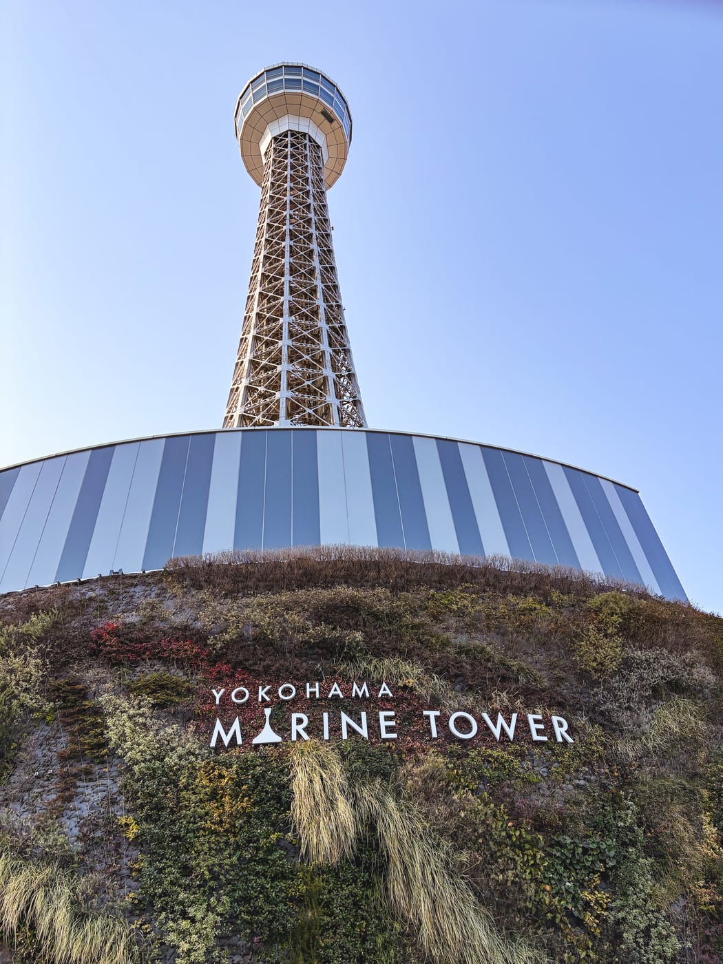 Yokohama Marine Tower rising above nearby buildings under a blue sky