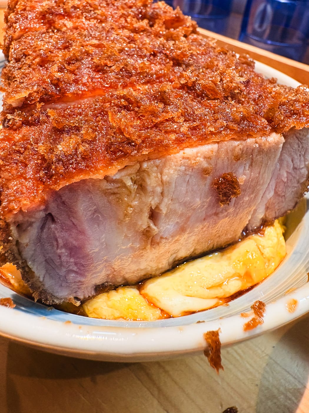 A cross-section of the unusually thick pork cutlet