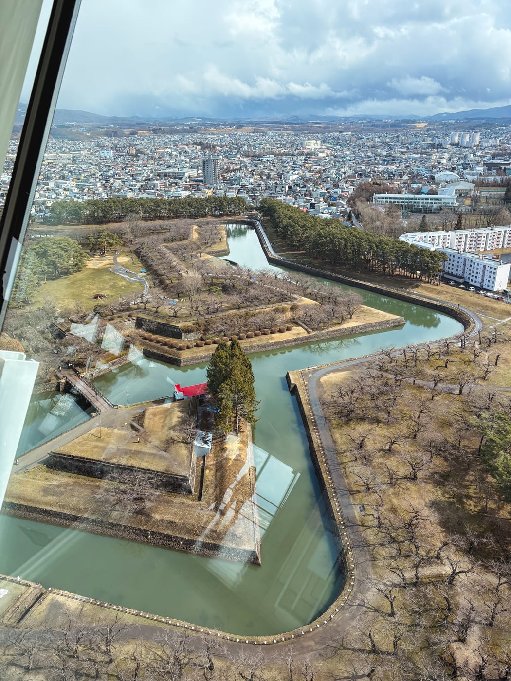 Snow remaining across Goryokaku as seen from the Goryokaku Tower observation deck
