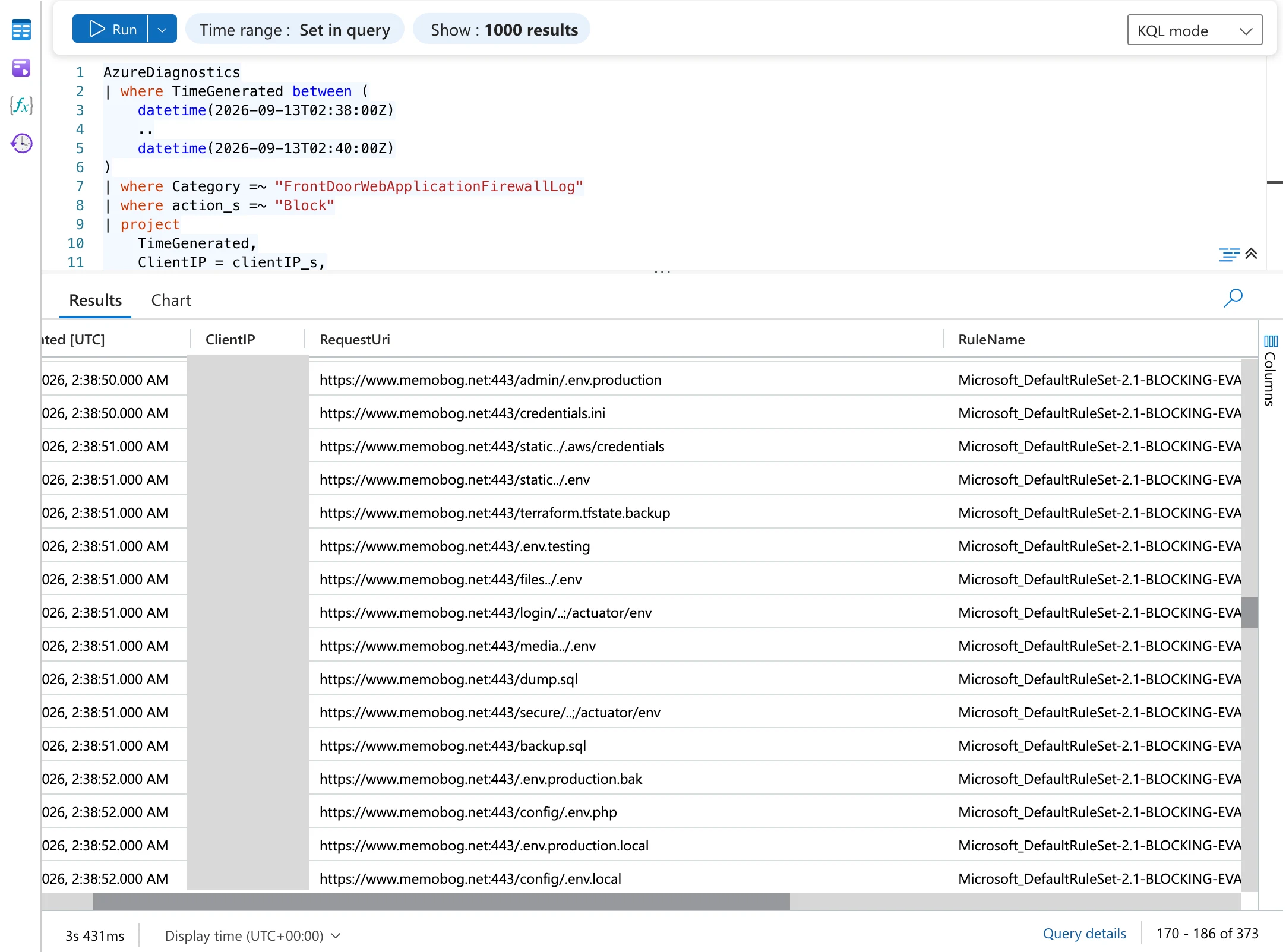 Azure portal Log Analytics showing 373 probing requests blocked by Azure Front Door WAF and the rules applied to them