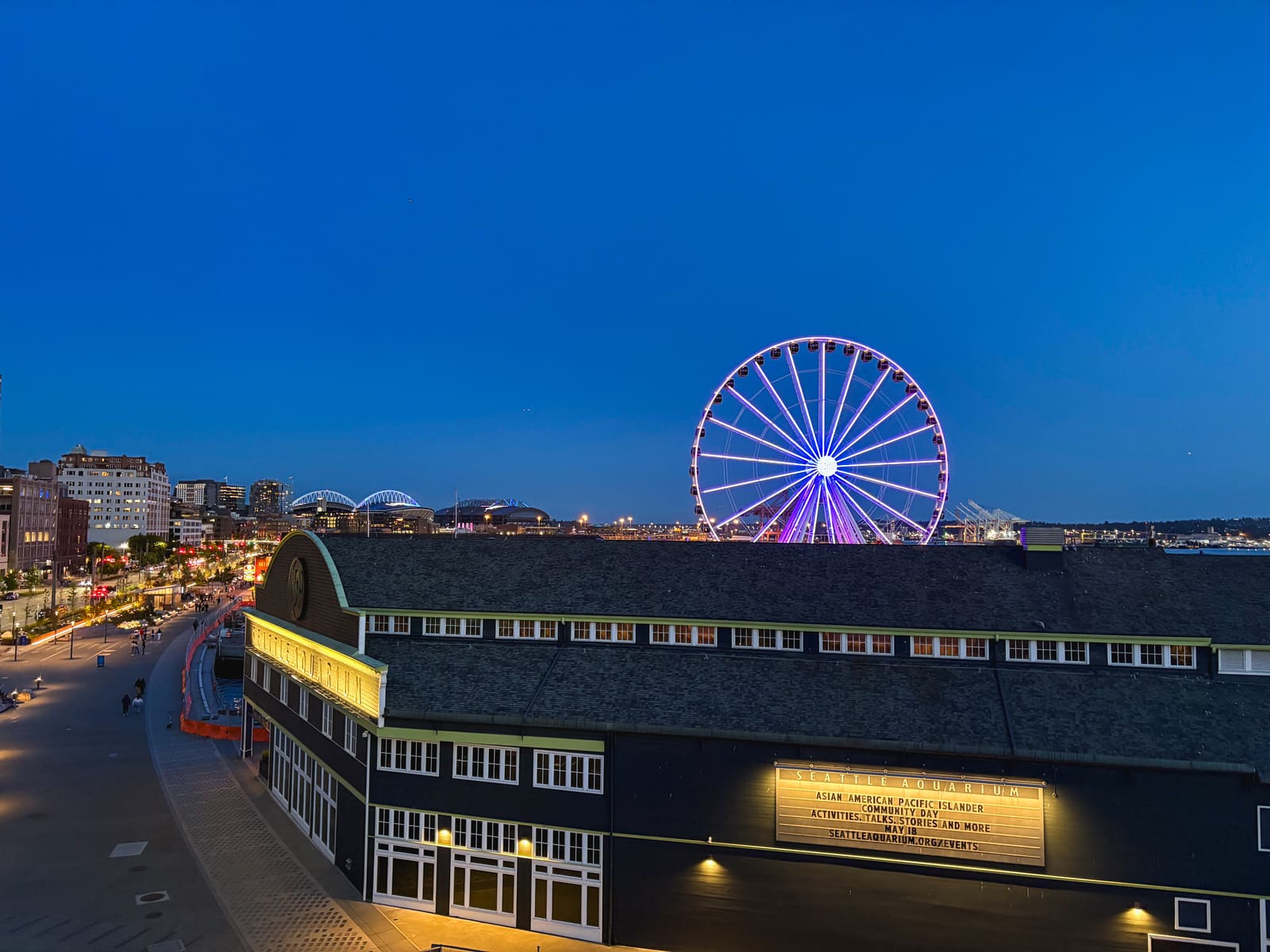 夜の Waterfront に光る Seattle Great Wheel