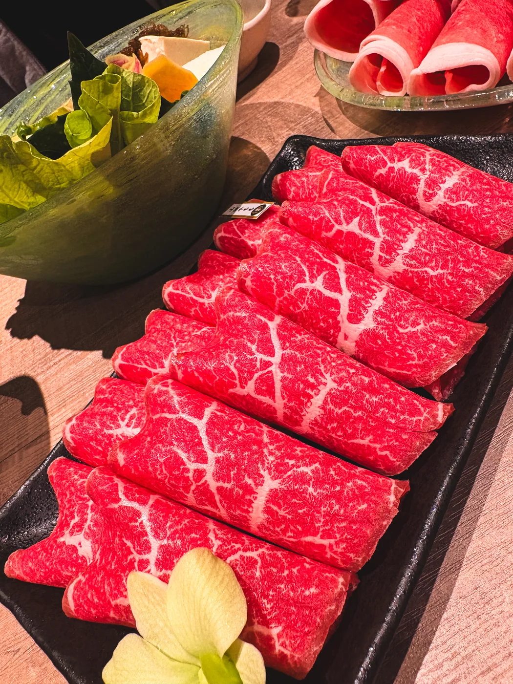 Thin slices of marbled Yamashiro beef