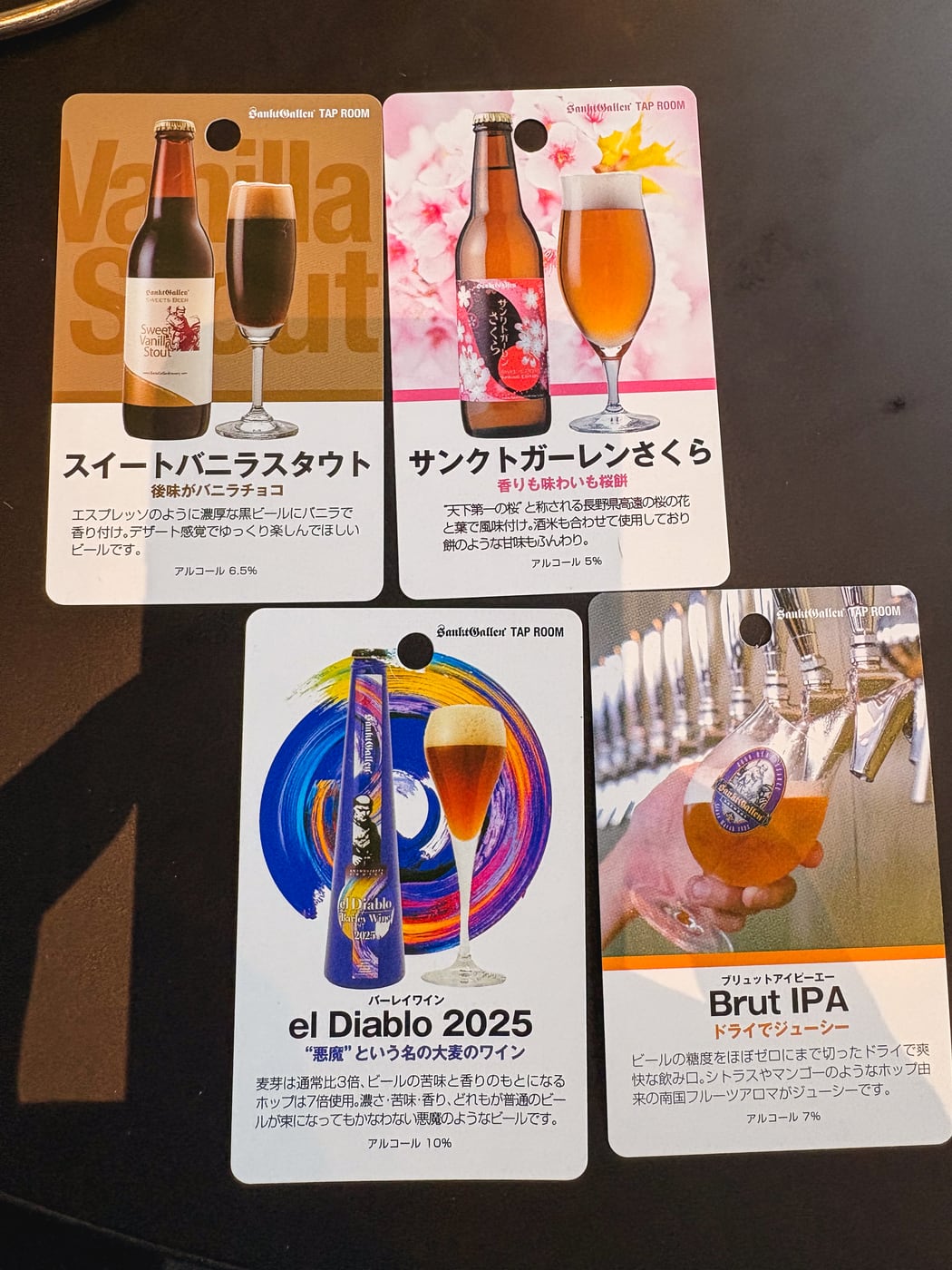 Tasting cards for Sankt Gallen Sakura, Brut IPA, el Diablo 2025, and Sweet Vanilla Stout