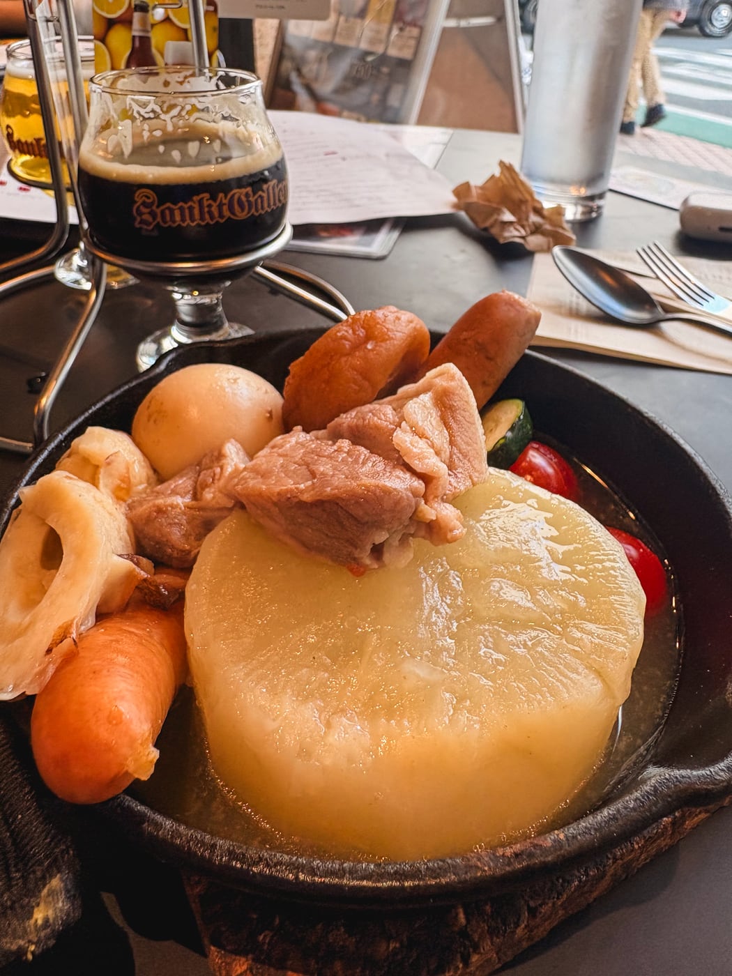 Oden with daikon, egg, tomato, meat, and vegetables