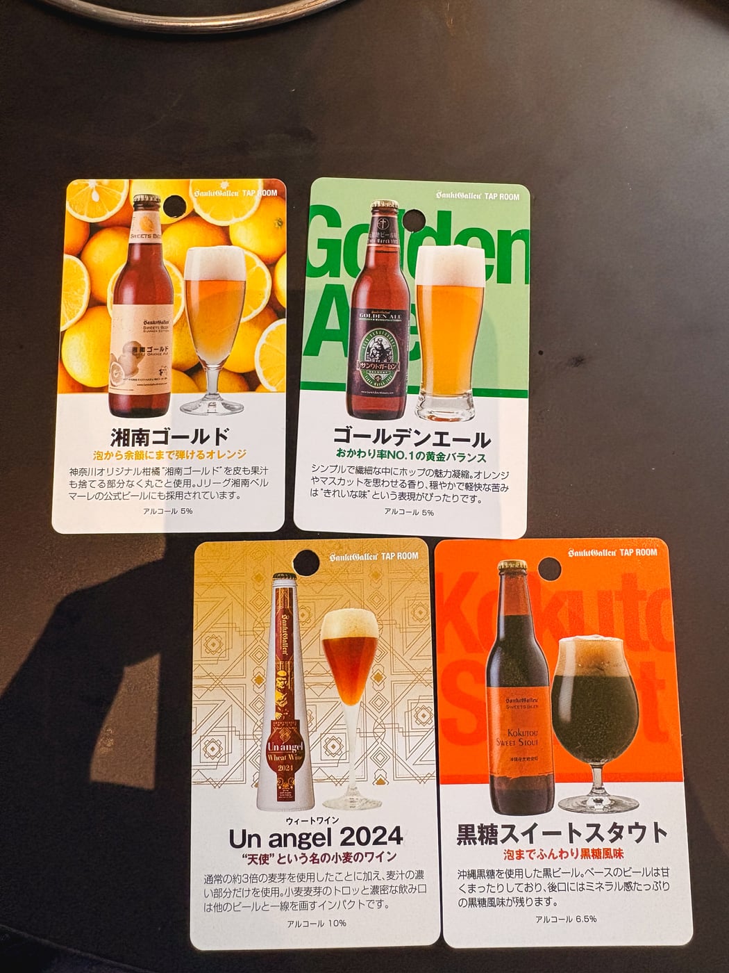 Tasting cards for Golden Ale, Shonan Gold, Black Sugar Sweet Stout, and Un angel 2024