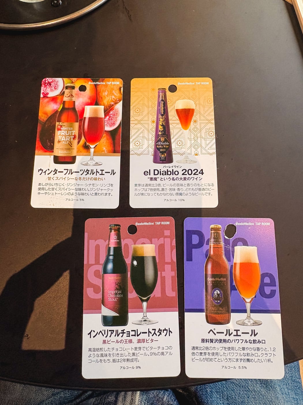 Tasting cards for Winter Fruit Tart Ale, Imperial Chocolate Stout, Pale Ale, and el Diablo 2024