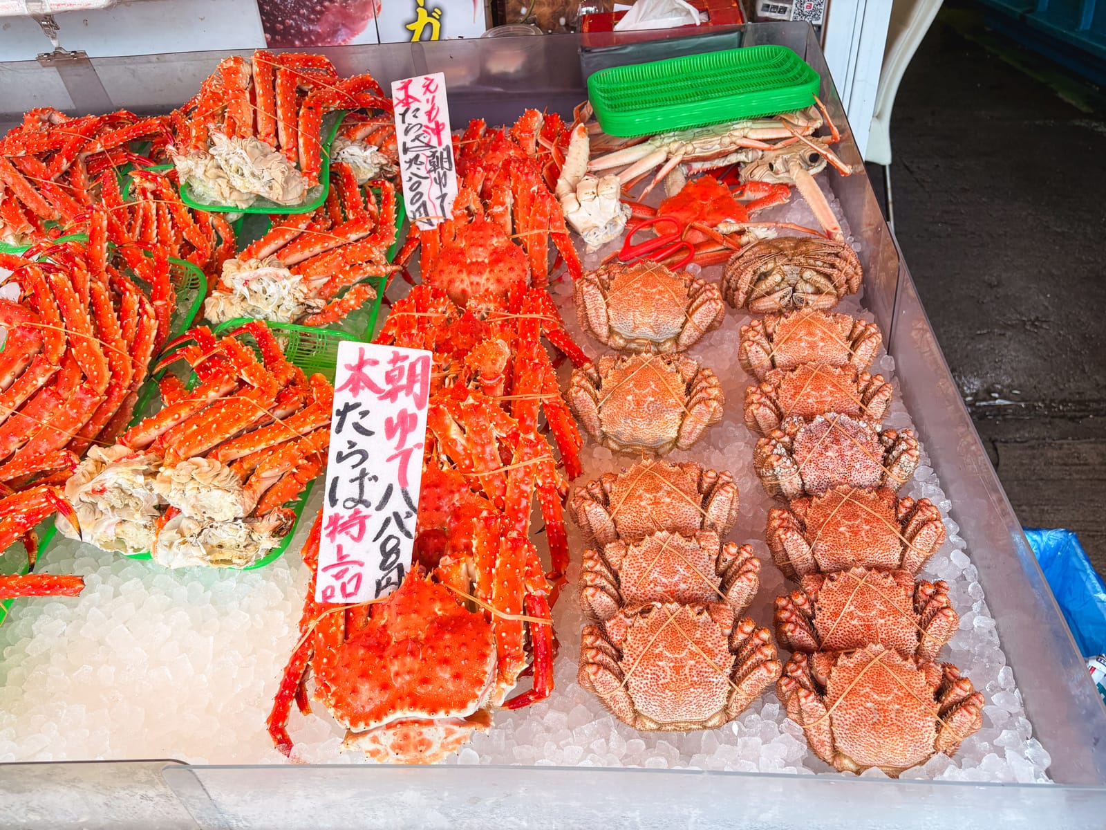 Red king crabs and horsehair crabs displayed on ice at the market
