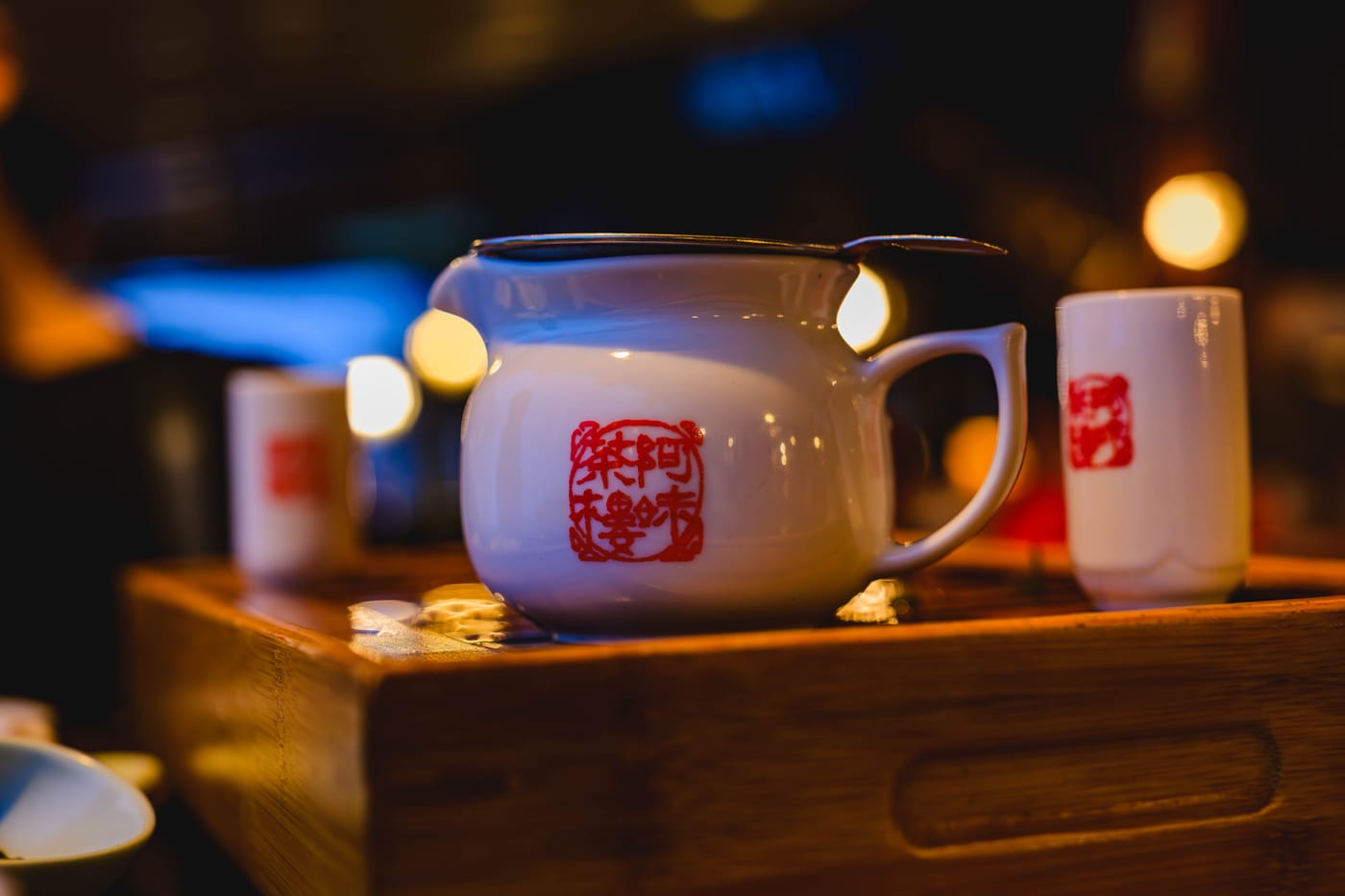 Teaware set out on a table at A-MEI Tea House