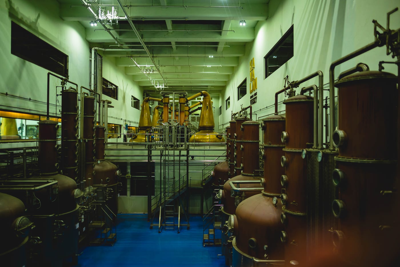 Distillation equipment lined up inside the Kavalan Distillery