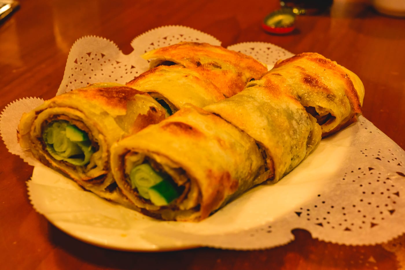 Da bing juan niurou, a flatbread roll with beef and vegetables, at Sheng Yuan Xiao Long Bao