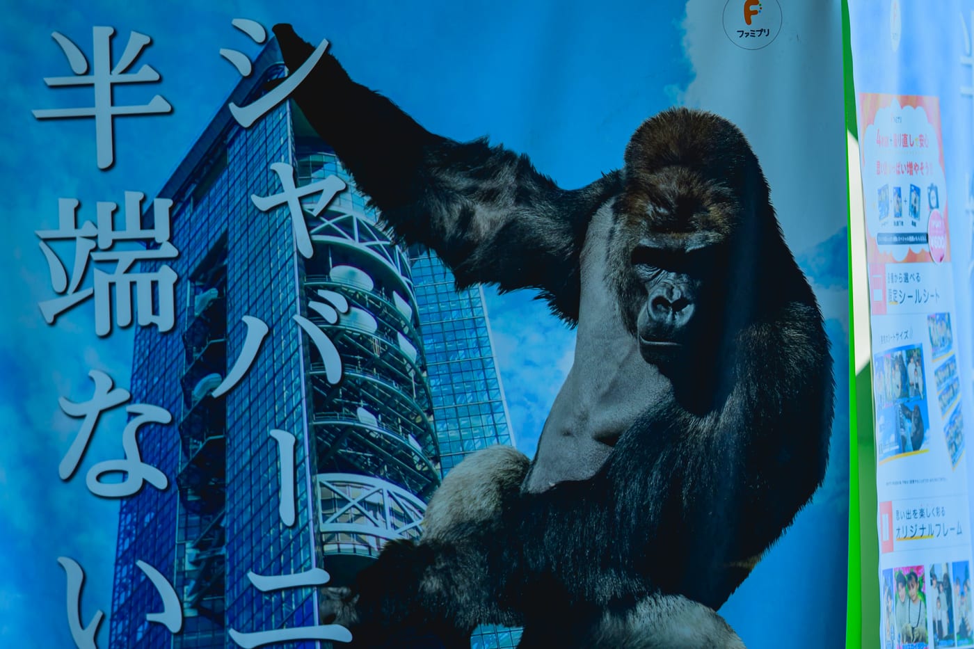 A display at Higashiyama Zoo and Botanical Gardens featuring Higashiyama Sky Tower and a gorilla