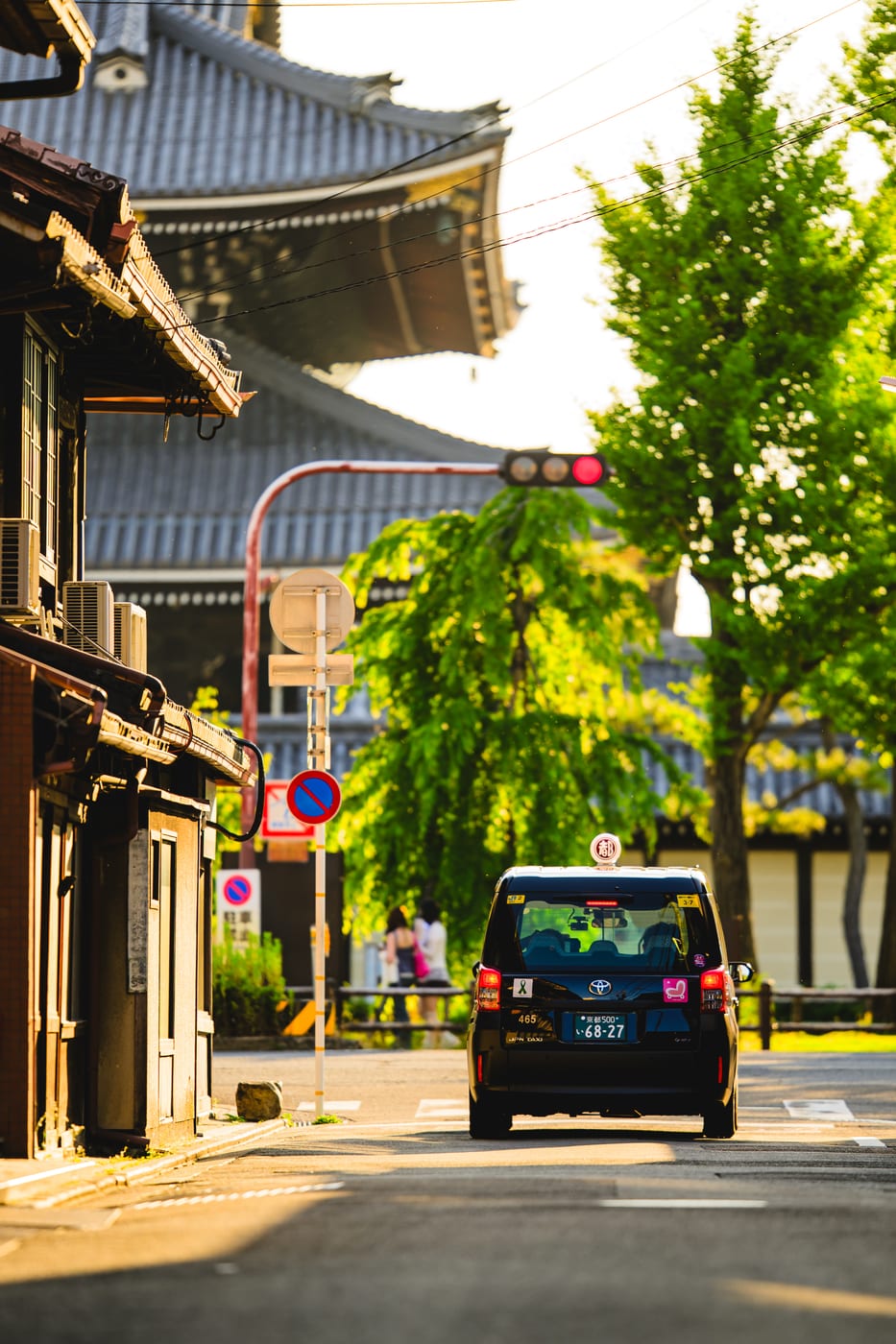 A Kyoto street and traffic lights in the evening light