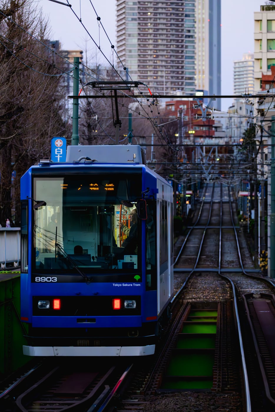 A blue tram crossing a green bridge, with the slope continuing beyond it